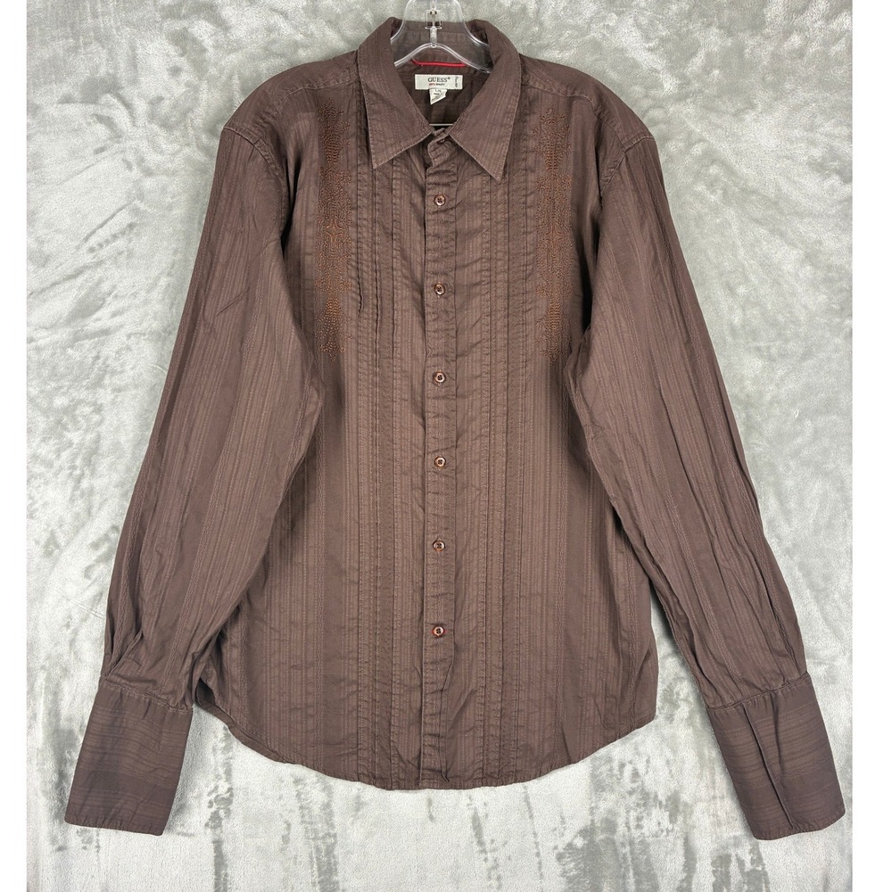 Guess Mens Brown Embroidered Long Sleeve Button Up Shirt Cotton Large M44W5225